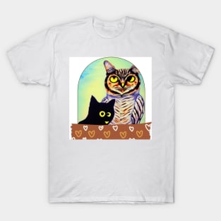 A Cat and An Owl Funny Pet Owner Lovely Designs T-Shirt